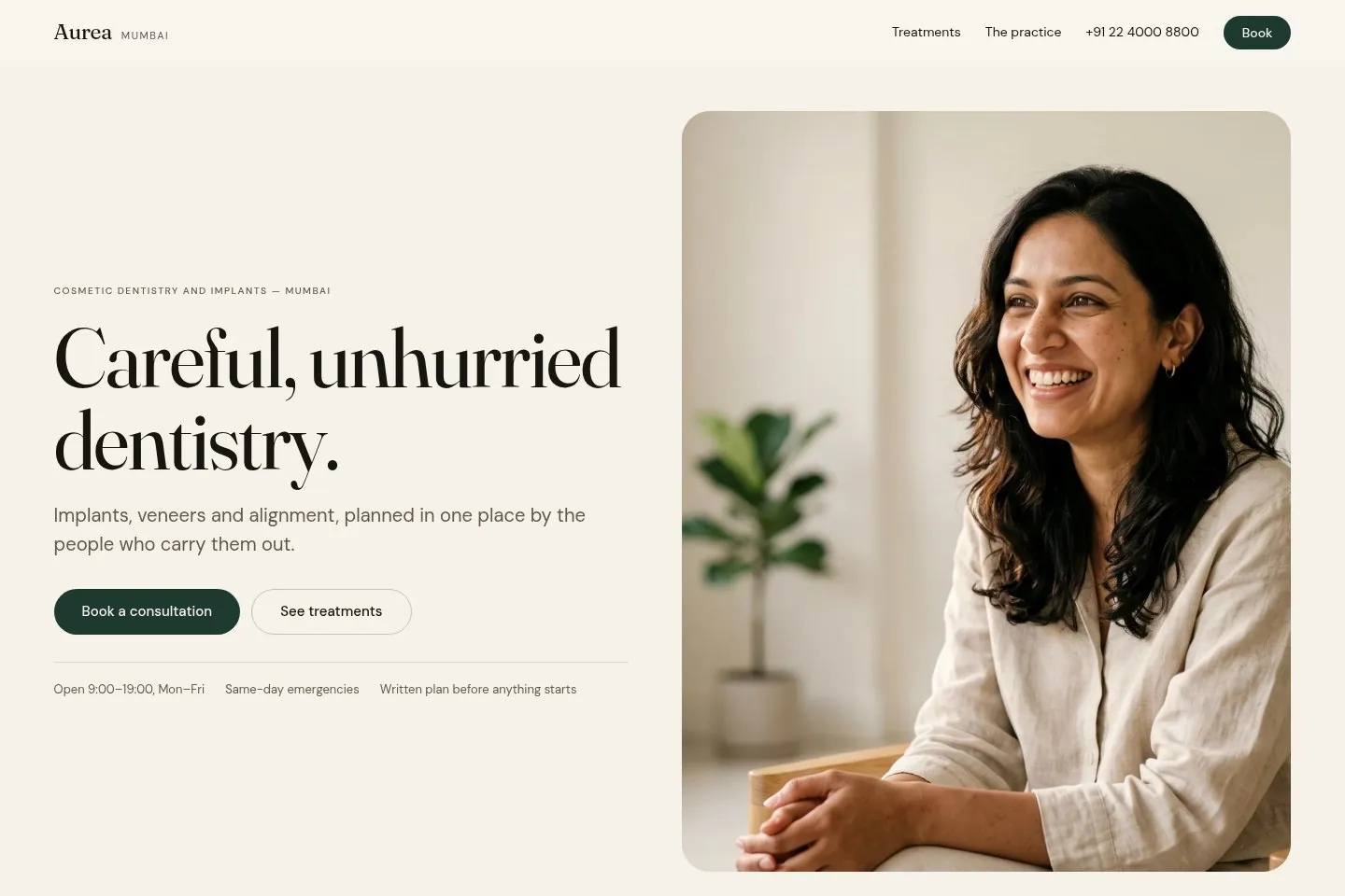 Aurea website: “Careful, unhurried dentistry.” beside a portrait