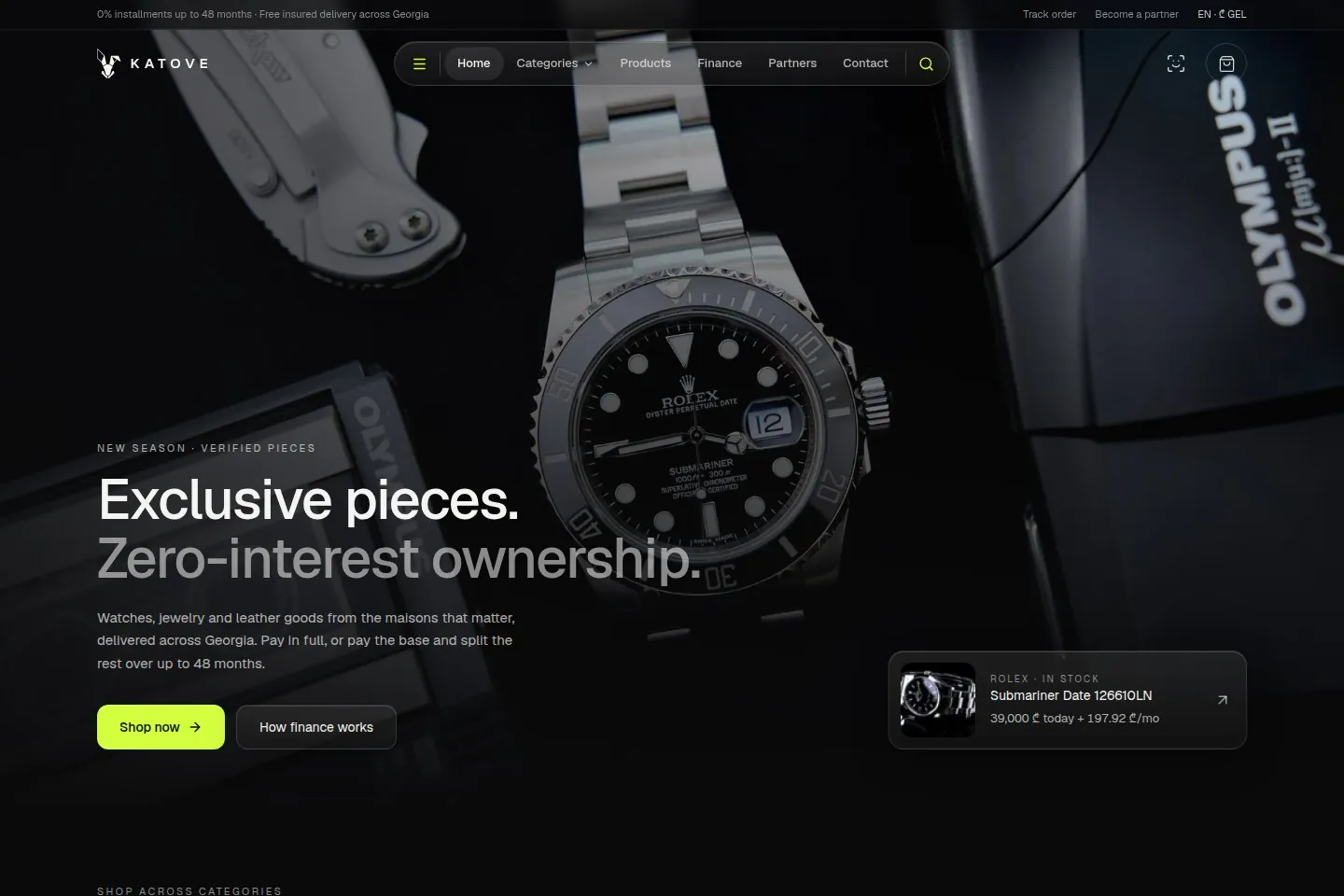 Katove storefront: a Rolex Submariner on black, with the headline “Exclusive pieces. Zero-interest ownership.”